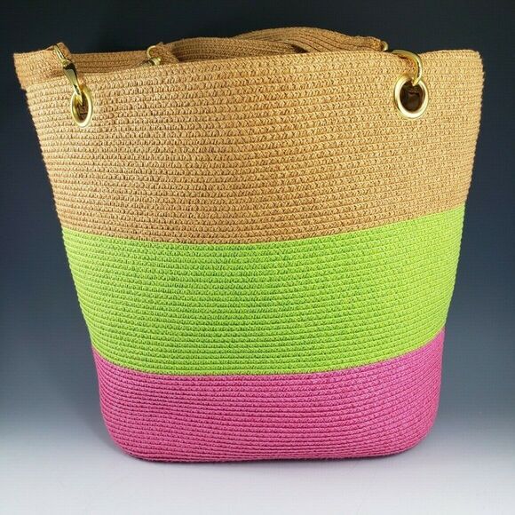 Woven Paper Straw w Metal Trim Purse Tote Beach Bag Green Pink Tan Footed Lined - Picture 3 of 11